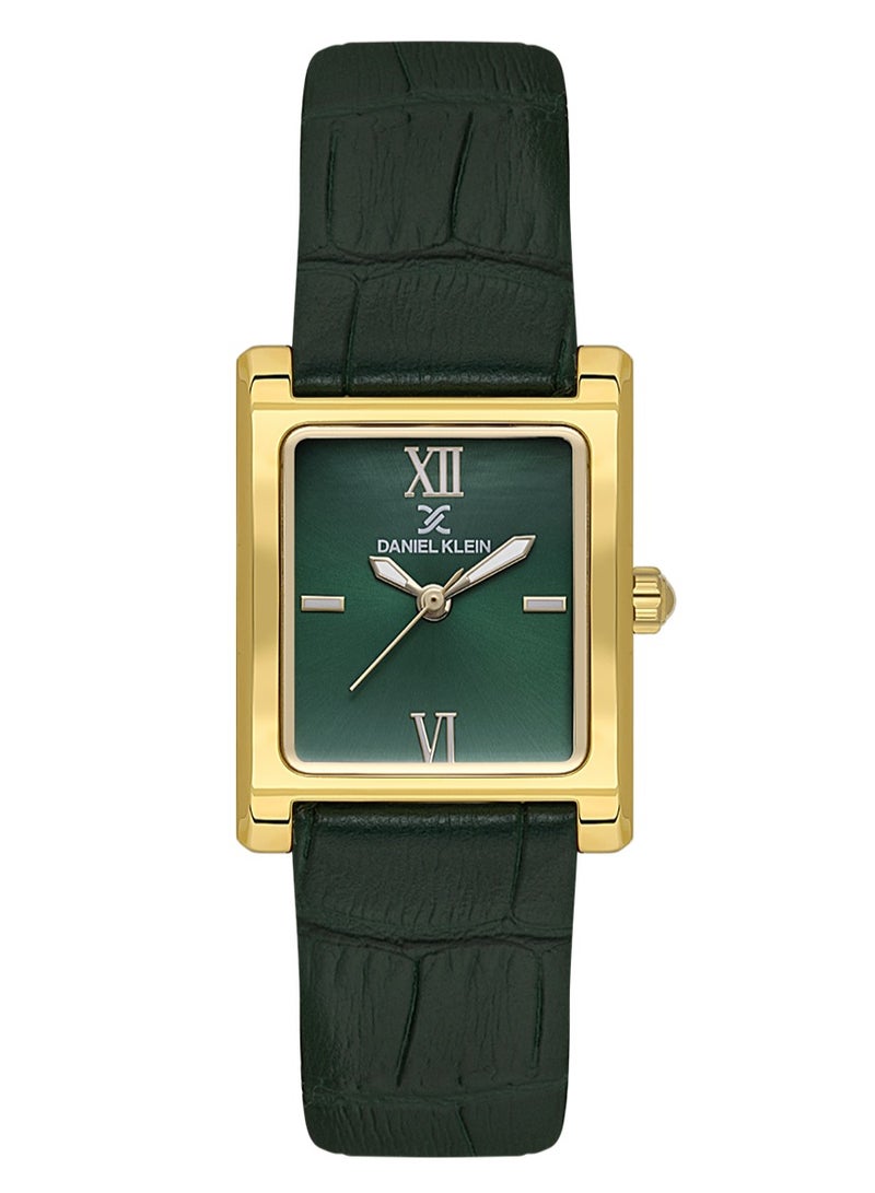 دانيل كلاين ساعة نسائية من الجلد | علبة من سبيكة ذهبية | تناظري | قرص مربع أخضر داكن بنمط شعاعي | كوارتز ياباني | فاخر | مقاومة للماء حتى عمق 30 مترًا - Image 1